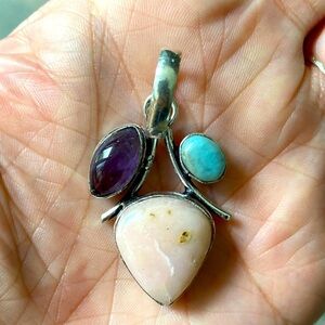 Real Larimar Rose Quartz & Amethyst 925 Sterling Silver Necklace Pendant